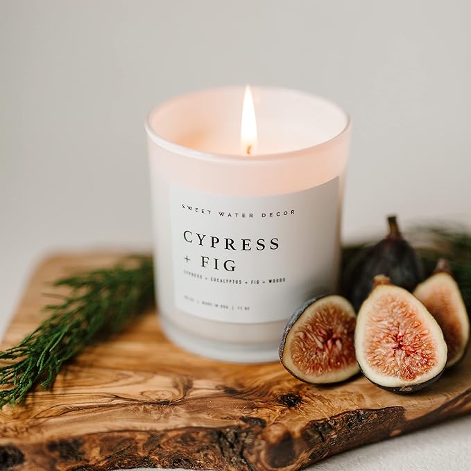 Sweet Water Decor Cypress and Fig Soy Candle | Tropical fruits, Wild Raspberry, Ripe Fig and Eucalyptus Holiday Scented Candles for Home | 11oz White Jar + Wood Lid, 50+ Hour Burn Time Made in the USA