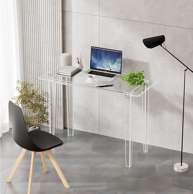 Acrylic Desk - Modern Study Table for Home Office, Extended Surface Multi-Purpose Console & Entryway Table, Sturdy Lightweight Design, Transparent Workstation for Small Spaces（Transparent-L）