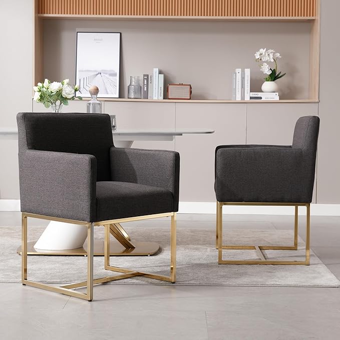 Upholstered Dining Chairs with Armrest Set of 2 Mid Century Modern Accent Chairs Armchairs with Gold Metal Frame, Modern Kitchen & Dining Room Chairs, Charcoal