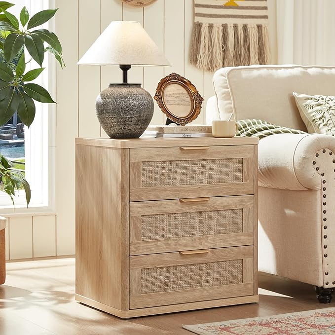 LEYAOYAO Boho Rattan Coffee Table and End Table Sets, 48" Wide Center Tables & 23" Night Stand with 3 Drawers, Natural Wood Coffee Table for Living Room 3 Piece Set