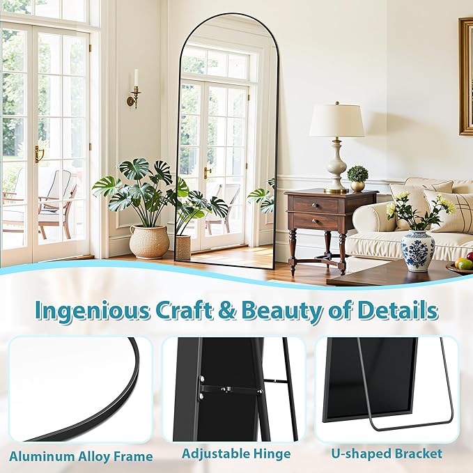 Full Length Mirror, 81"x41" Oversized Floor Mirror Freestanding, Full Body Mirror Floor Standing Mirrors with Stand, Hanging Mounted Mirrors for Bedroom Living Room, Black, Arched Style