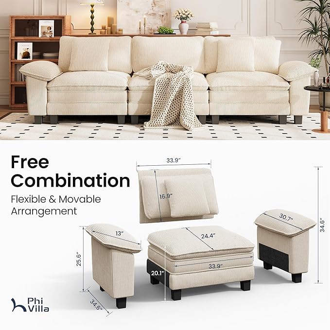 PHI VILLA Modern Modular Couches Sets, 123.6" Cloud Sectional Sofa with Upholstered Deep Seat, 3-Seater Couch for Living Room Small Spaces, Corduroy Fabric, Beige