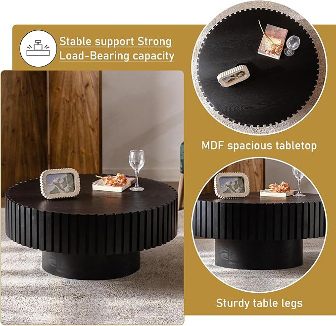 Round Drum Coffee Table 31.5" Wooden Coffee Tables Handcrafted Fluted Drum Coffee Table Modern Luxury Circle Center Table Vintage Farmhouse Center Table for Living Room (Round Black)