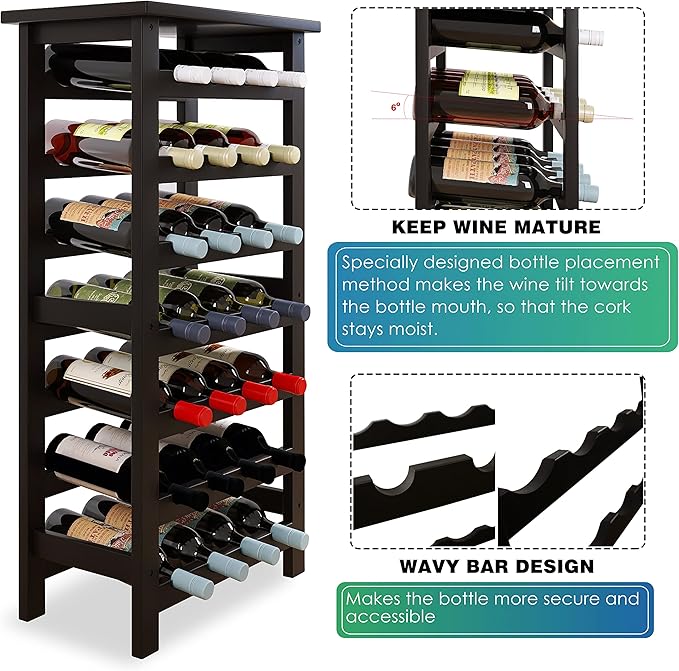 SMIBUY Bamboo Wine Rack, 28 Bottles Display Holder with Table Top, 7-Tier Free Standing Storage Shelves for Kitchen, Pantry, Cellar, Bar (Black)