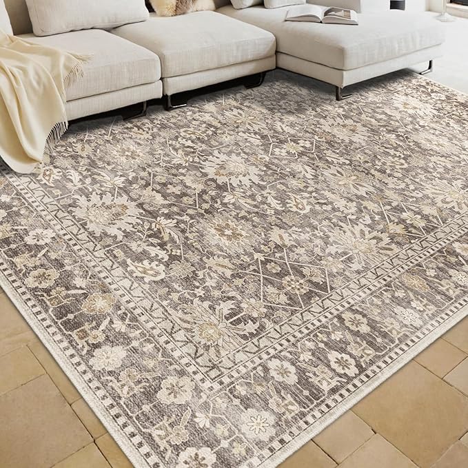 8X10 Area Rugs Machine Washable Rugs for Living Room Bedroom Hallway, Non Slip Indoor Soft Accent Distressed Boho Vintage Print Lightweight Thin Low Pile Carpet (Coffee, 8X10)