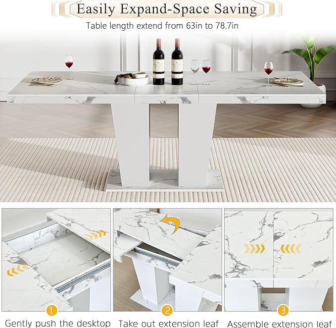 Goujxcy 9-Piece Extendable Dining Table Set for 8, 63-78 Inch Faux Marble Kitchen Table Set with 8 Black Upholstered Chairs Modern Expandable White Marble Dining Room Table Set for Kitchen Apartment
