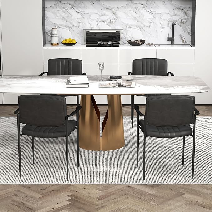 Mid-Century Modern PU Leather Dining Chairs Set of 4, Upholstered Kitchen Chairs with Arms and Metal Legs Adjustable Feet for Kitchen Dining Room(Black)