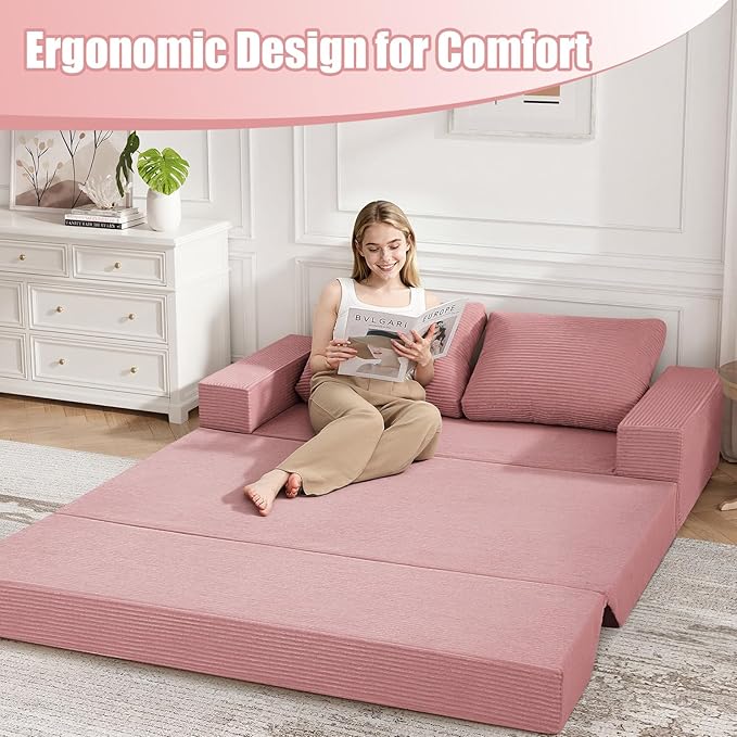 COMAX Convertible Sofa Bed Queen, Corduroy Folding Floor Couch Pull Out Couch Bed Futon Sleeper with Pillows, Fold Out Boneless Sofa Comfy Lounge Mattress Loveseat for Living Room Bedroom, Pink