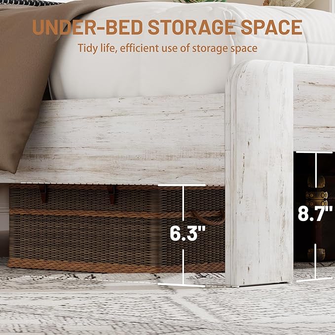 Queen Size Bed Frame with Wooden Headboard and Footboard, Rustic Platform Bedframe, Wood Slats Support, No Box Spring Needed, Under Bed Storage, Easy Assembly, White