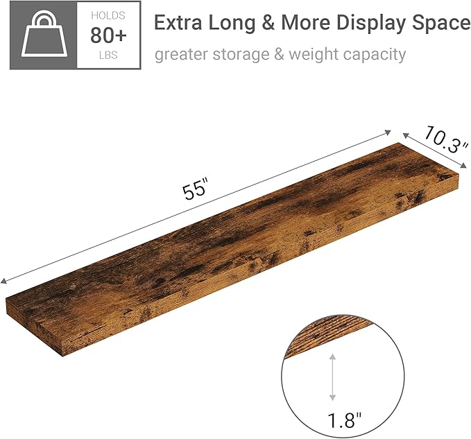 Vivelove 55 inches Long Floating Shelves for Wall, Extra Deeper & Thicker Storage Shelf for Living Room, Kitchen, Farmhouse,Wall Shelves with Invisible Brackets,Set of 1, Rustic Brown