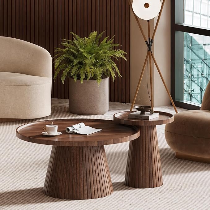 win2win Nesting Coffee Table Set of 2, Mid Century Modern Coffee Table with Wood Grain Veneer, Fluted Round Tea Table and End Table Set, Minimalist Center Tables for Living Room, Office, Walnut