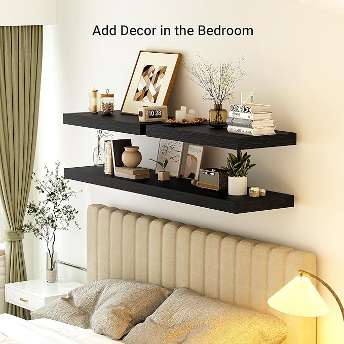 Heimlove 12 Inch Deep Floating Shelves, 72 x 12 inches Long, Large Extra Display & Storage Shelf, Rustic Wood Wall Shelves for Fireplace Mantel, Black - 1Pack