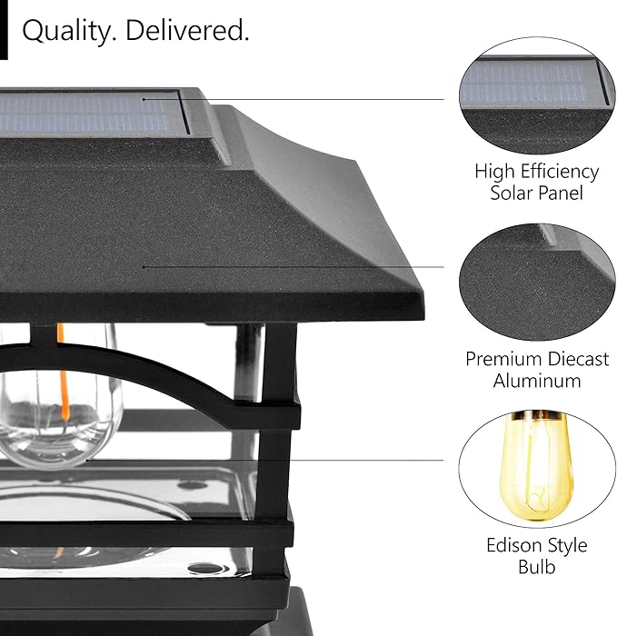 Davinci Lighting Edison Solar Outdoor Post Cap Lights - 4x4 5x5 6x6 - Bright LED Light for Fence Deck Garden or Patio Posts - Slate Black (1 Pack)