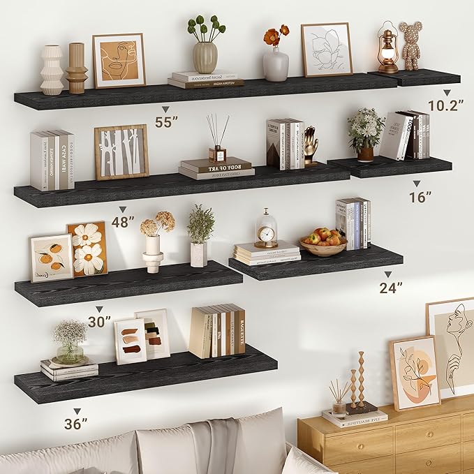 Vivelove 55 Inches Floating Shelves Wall Mounted, 10" Deep Wall Shelves for Bedroom, Bathroom, Living Room, Kitchen, Office, Home Decor, Modern Shelf, Set of 2, Black, 55x10.2x1.5
