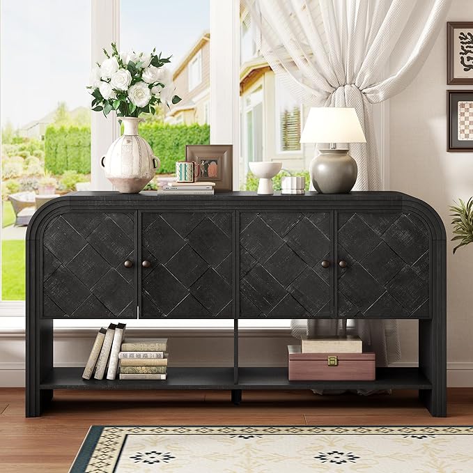 60'' Curved Sideboard with 4 Doors and Bottom Shelf, Versatile Wooden Accent Storage Cabinet Entryway Console Table for Hallway Living Room Dining Room (Black-4.16)
