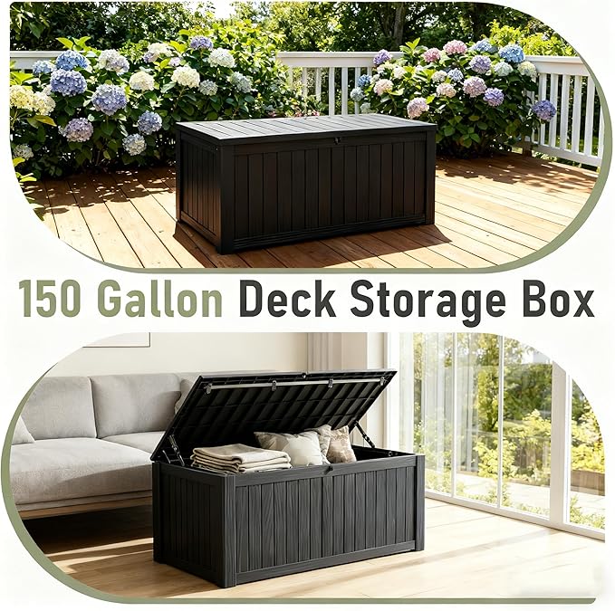 Outdoor Storage Box, Resin Deck Boxes Indoor and outdoor, Waterproof Storage Box Lockable Lid (Black, 150 Gallon)