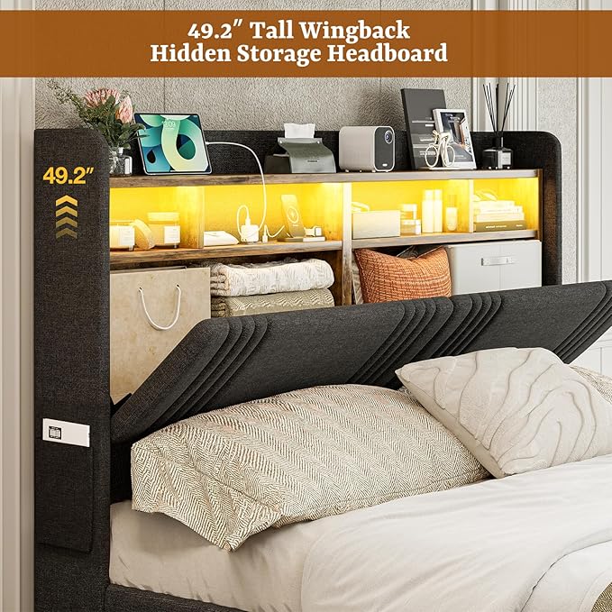 IKIFLY California King Bed Frames with Hidden Storage Headboard & 4 Drawers, 49.2” Tall Upholstered Wingback Headboard with LED Lights and Charging Station, No Box Spring Needed, Noise Free, Black
