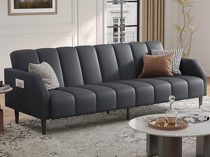 Fadware Faux Leather Couch, Convertible Futon Sofa Bed with Adjustable Backrest, Mid Century Leather Sofa Loveseat with Side Pockets& Metal Leg, Modern Leather Sleeper Sofa for Living Room Bedroom