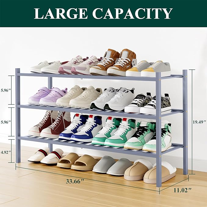 Smiry Shoe Rack, 3 Tier Long Bamboo Shoe Organizer, Stackable Free Standing Wooden Shoe Storage Shelf for Closet, Entryway, Front Door Entrance, Grey