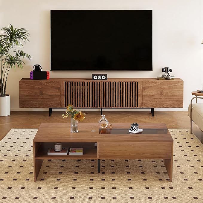 Modern Wood Coffee Table with LED Lights, 51.18" Rectangular Living Room Center Table with Glass Display, Hidden Compartment & Open Storage Shelves, Contemporary Coffee Table for Home Décor