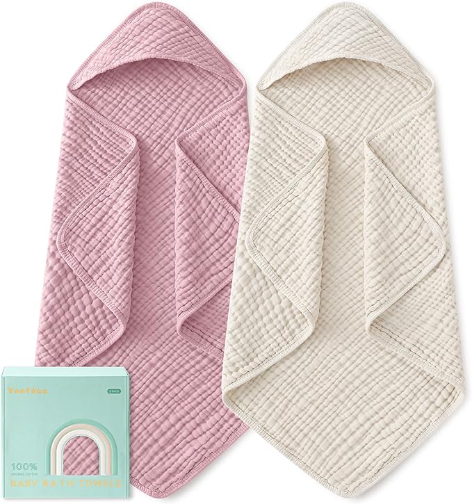 Yoofoss Hooded Baby Towels for Newborn 2 Pack 100% Muslin Organic Cotton Baby Bath Towel with Hood for Babies, Infant, Toddler and Kids, Large 32x32Inch, Soft and Absorbent Newborn Essential