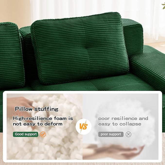 115.3'' Sectional Sofa, 32D Foam Corduroy Boneless Couch with Pillow, Deep Seat Wide Arm Sectional U Shaped Couch for Living Room, Apartment, Bedroom
