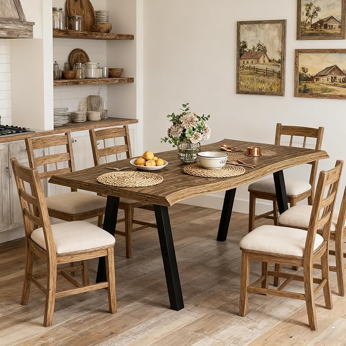 70" L Farmhouse Dining Table for 4-6, Natural Live Edge Tabletop, Large Modern Wood Kitchen Table with Metal Legs, Rectangle Rustic Dining Room Furniture, Easy Assembly & Clean (Brown, Only Table)