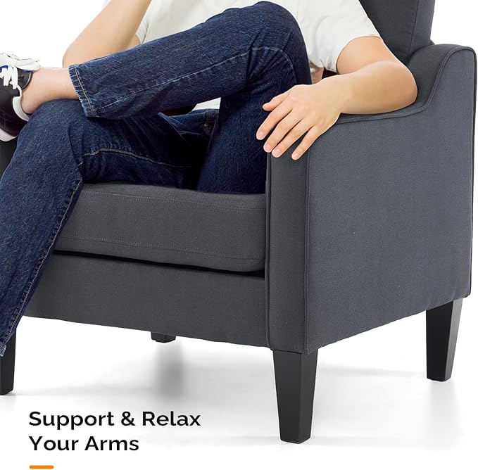 VINGLI Mid-Century Modern Accent Chair, Dark Grey Linen Upholstered, Comfortable & Supportive, 380lbs Weight Limit, Perfect for Living Room, Bedroom, Office