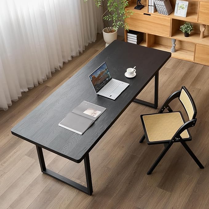 Modern Solid Wood Dining Table with Metal Base Stylish Durable Dining Room Table in Black Multiple Sizes Home Use Office Desk(70.87in)