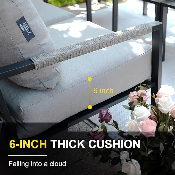 Metal Patio Furniture Set with 51inch Grey Fire Pit Table, 6-Piece Modern Outdoor Conversation Set with 6-Inch Thick Cushions, Outdoor Furniture Set for Garden, Backyard, Balcony, Poolside (Warm Grey)