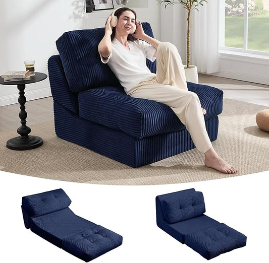 Tbfit Folding Sofa Bed, Convertible Sleeper Chair with Large Pillow, Corduroy Folding Couch Bed, Portable & Foldable Mattress Boneless Floor Sofa for Living Room, Bedroom, Office, Blue, Single