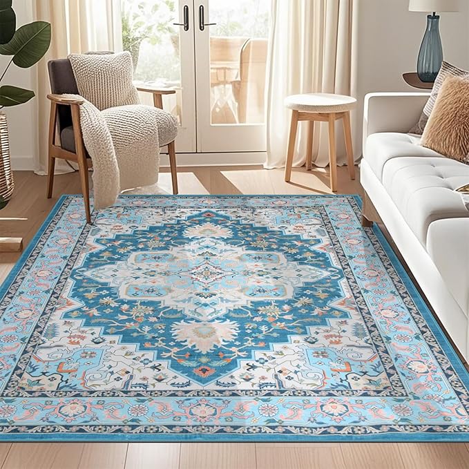 WILLSUN Washable Area Rugs, 5x7 Non-Slip Boho Large Area Rugs for Living Room, Bedroom, Machine Washable Vintage Rug, Indoor Floral Print Carpet for Home Decor, Kid & Pet Friendly Mat