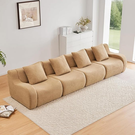 Camel 4-Seater Cloud Couch, Modern Teddy Fabric Boneless Sectional Sofa in a Box for Living Room, Modular Floor Couch, Comfortable Deep Seat, No Assembly Required, Sofas para Sala