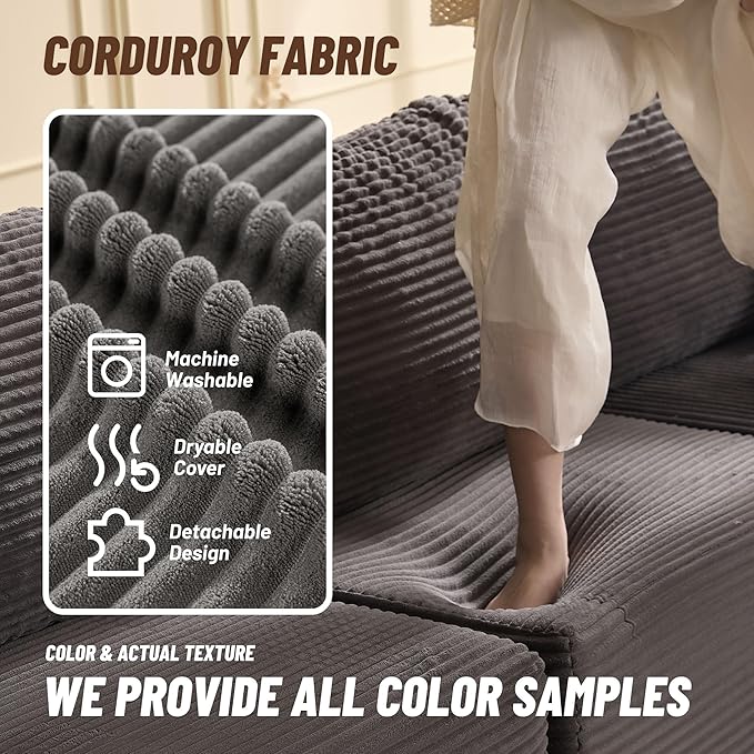 107" Boneless Couch with Deep Seat, Modular Sectional Sofa, Cloud Sectional Couch for Living Room, No Assembly Required, Corduroy, L-Shape Right?Grey