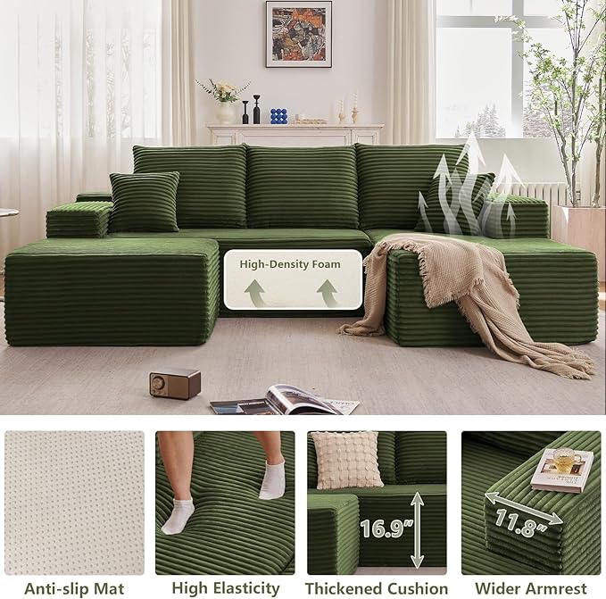 107" U-Shape Cloud Couch, Modern Modular Sectional Comfy L-Shape Sofa with Ottoman, Deep Seat, Upholstered Corduroy Sleeper Chaise Longue for Living Room Bedroom, No Assembly Required, Green