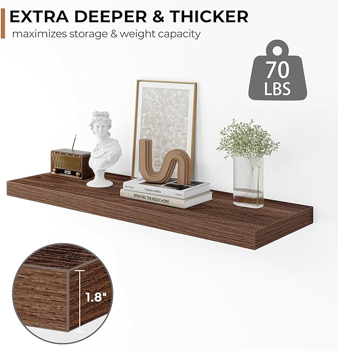 Fun Memories Floating Shelves - 2 Pack 12 Inch Deep Rustic Wooden Wall Shelves - Extra Deeper & Thicker Wall Mounted Storage Shelf for Living Room, Kitchen, Farmhouse - 36" W x 12" D x 1.5" H - Walnut
