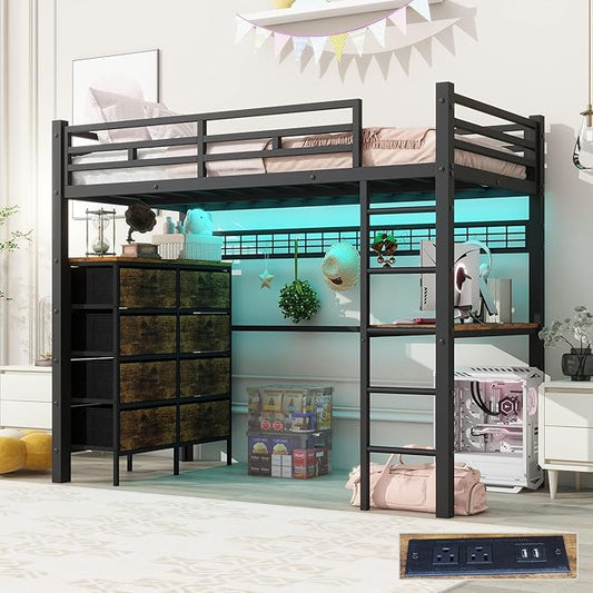 Loft Bed Twin Size with Desk, 8 Storage Drawers, Power Outlet, LED Metal Loft Bed with Storage Shelve, Bed with Safety Guardrail & Ladders,Space-Saving,Black