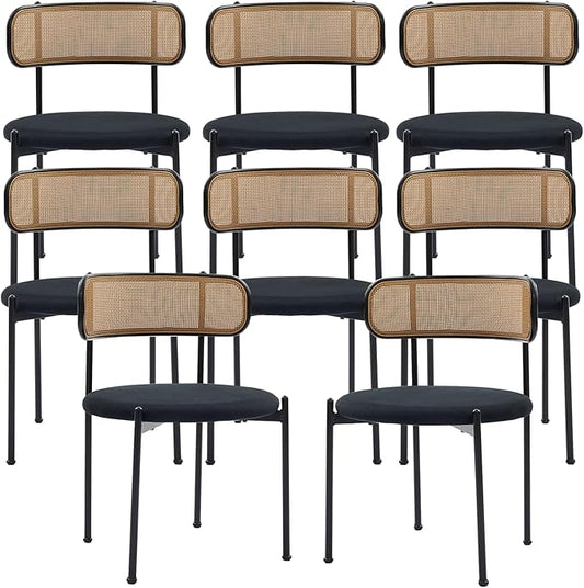 Rattan Dining Chairs Set of 8, Mid Century Modern Dining Chairs with Cane Back and Boucle Upholstered Seat, Farmhouse Kitchen Chairs for Dining Room and Living Room, Black