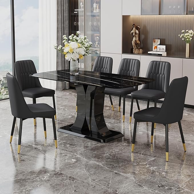 Modern Dining Table Set for 6, Marble Kitchen Table Chair Set for 6, Rectangular Kitchen Table with 6 Pu Leather Upholstered Chair for Dining Room (Black Table with 6 Black Chairs)