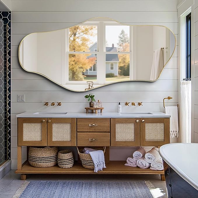 Large Irregular Mirror, 63"x29" Asymmetrical Full Length Mirrors for Dressing, Gold Metal Frame Abstract Wall Mirror, Unique Shaped Mirrors for Living Room Bathroom Bedroom Hallway Entryway