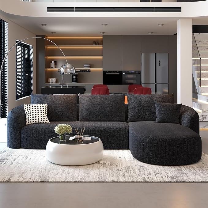 111" Modular Sectional Couches Luxury Modern Curved Back Sofa,Minimalist Comfy L-Shape Boneless Cloud Couch for Living Room Apartment,(Right Facing Chaise,Black)