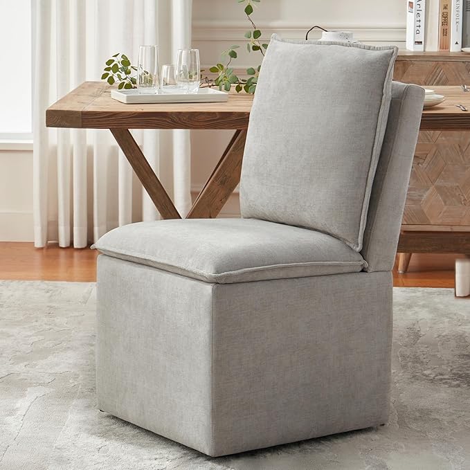 VKNOW Upholstered Dining Chairs, Modern Rolling Chairs with Storage and Wheels, Linen Armless Chair with Cushion and Backrest, Dining Room Chairs for Living Room Kitchen Bedroom, Light Grey