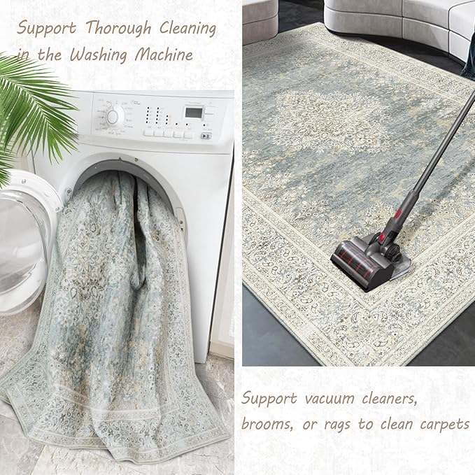 Area Rug 7x9, Washable Gray Vintage Rug, Traditional Floor Cover Thin Rug, Retro Indoor Distressed Non Slip Carpet, Floral Print Mat Living Room Bedroom (Grey/Light Camel, 7X9)