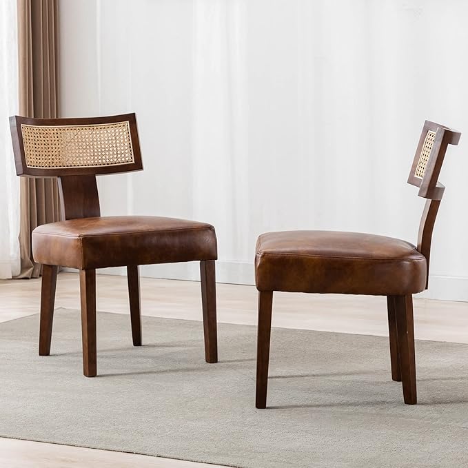 Mid Century Modern Dining Chairs Set of 6 Rattan Kitchen Chairs PU Leather Upholstered Side Chairs, Modern Kitchen Armless Solid Wood Dining Chairs, Brown