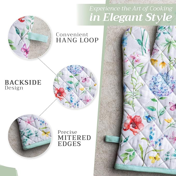 Maison d' Hermine 100% Cotton Oven Mitt & Pot Holder Set (7.5"x13" & 8"x8") Heat Resistant BBQ Cooking Gloves with Loop, Baking, Grilling, Kitchen, Handling Hot Pans Spring/Summer (Just Floral)
