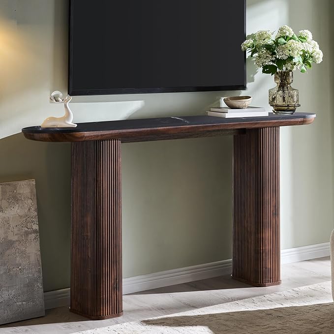 OKD 63 Inch Modern Console Table with Arc Marble Texture Top, Fluted Wood Base, Contemporary Entryway Sofa Table for Living Room, Hallway, Foyer, Dark Walnut