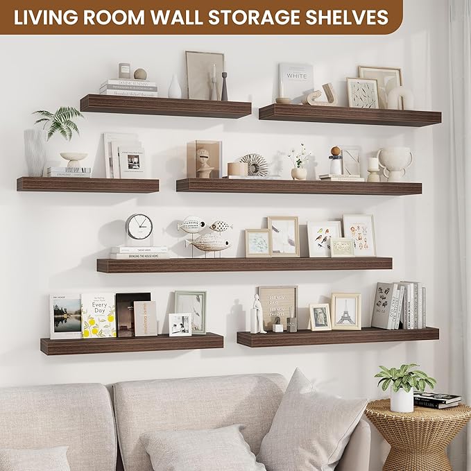 fuqing Floating Shelves for Wall, Wall Mounted Wood Floating Shelf with Invisible Brackets for Living Room, Bathroom, Bedroom, Kitchen Storage and Decor, 24 Inch Set of 2, Walnut