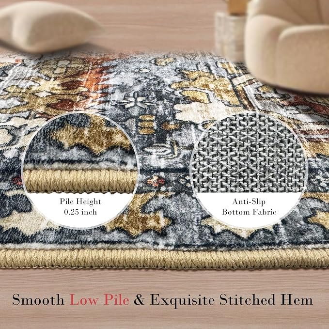 RUGSURE Washable Area Rugs - Perfect for Living Room, Bedroom, Kids Room, Nursery - Stain & Water Resistant Non-Slip, Pet & Child Friendly, Vintage Tribal Area Rugs (Turmeric and Grey, 2'6'' x 8')