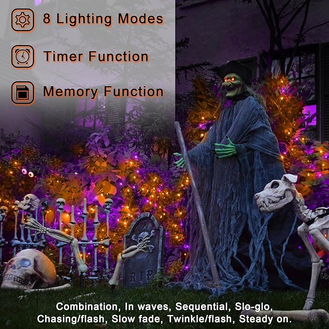 Halloween String Lights for Outside, 200 LED 66 FT String Lights with 8 Lighting Modes & Timer, Indoor Outdoor Halloween Decorations for Patio Yard Fence Deck Balcony Garden Decor (Purple & Orange)