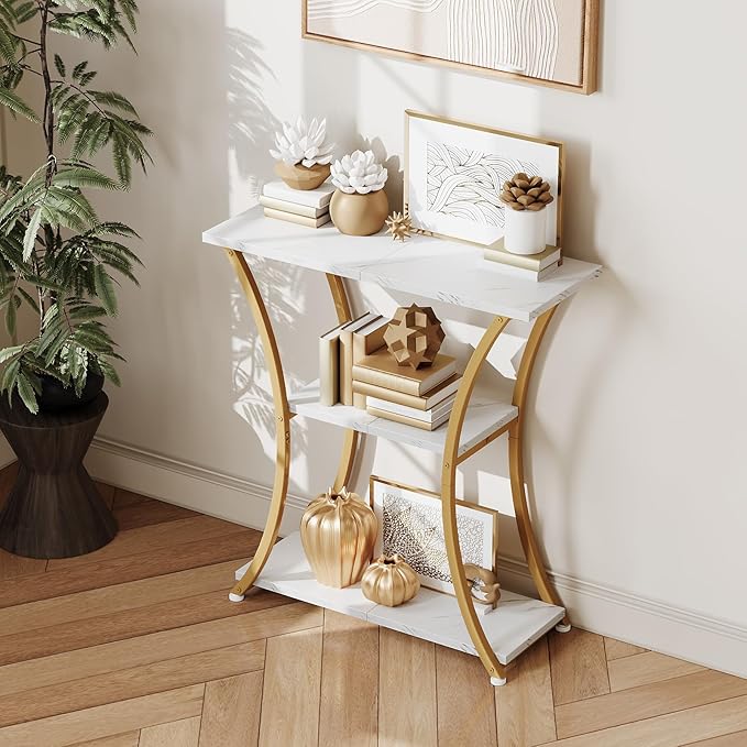 Rustic 3-Tier Console Table with Open Shelves Narrow Entryway Table with Curved Metal Frame Slim Sofa Table for Hallway Living Room or Foyer (Gold White Marbled)